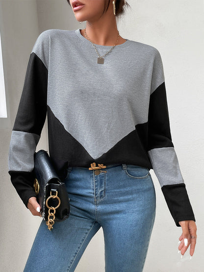 Dam Tröja Färgblock Avslappnad Polyester Långärmad-3