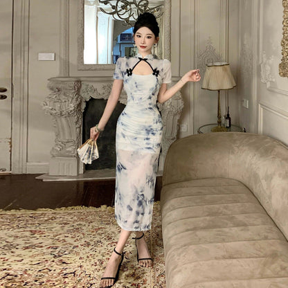 Kvinna Cheongsam Klänning Ihåligt Tryck Polyester Ståkrage 3