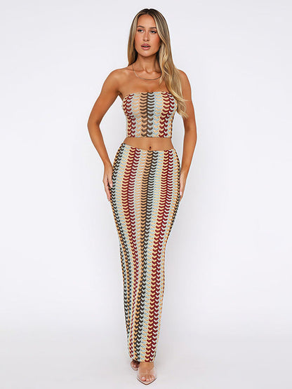 Elegant Co-ord Set för Damer med Figurnära Topp och Lång Kjol i Elastiskt Material – Unikt Mönster, Perfekt för Fest och Avslappnade Tillfällen 3