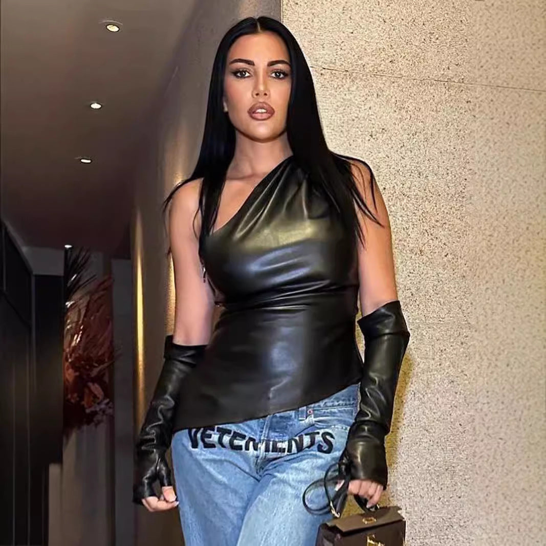 Asymmetrisk Läderväst Dam med Elastisk Passform – Trendig Streetwear för Vardagsbruk 3