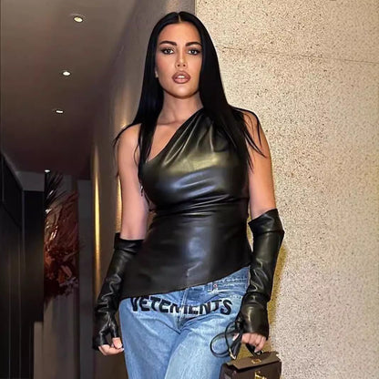 Asymmetrisk Läderväst Dam med Elastisk Passform – Trendig Streetwear för Vardagsbruk 3