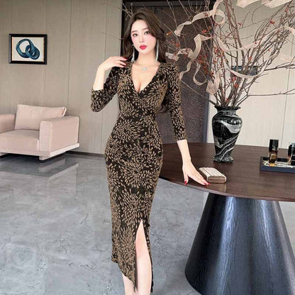 Maxiklänning Dam Långärmad Stretch V-Ringning Elegant Maxi Längd-3