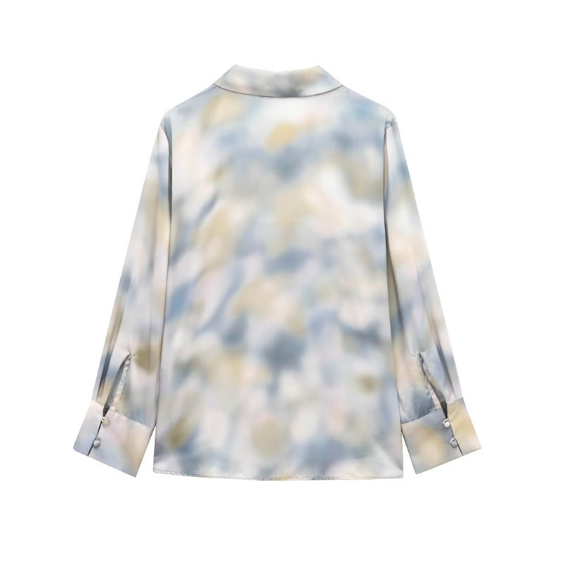 Kvinnors Midi Klänning Långärmad Satin Tie-Dye Design-3