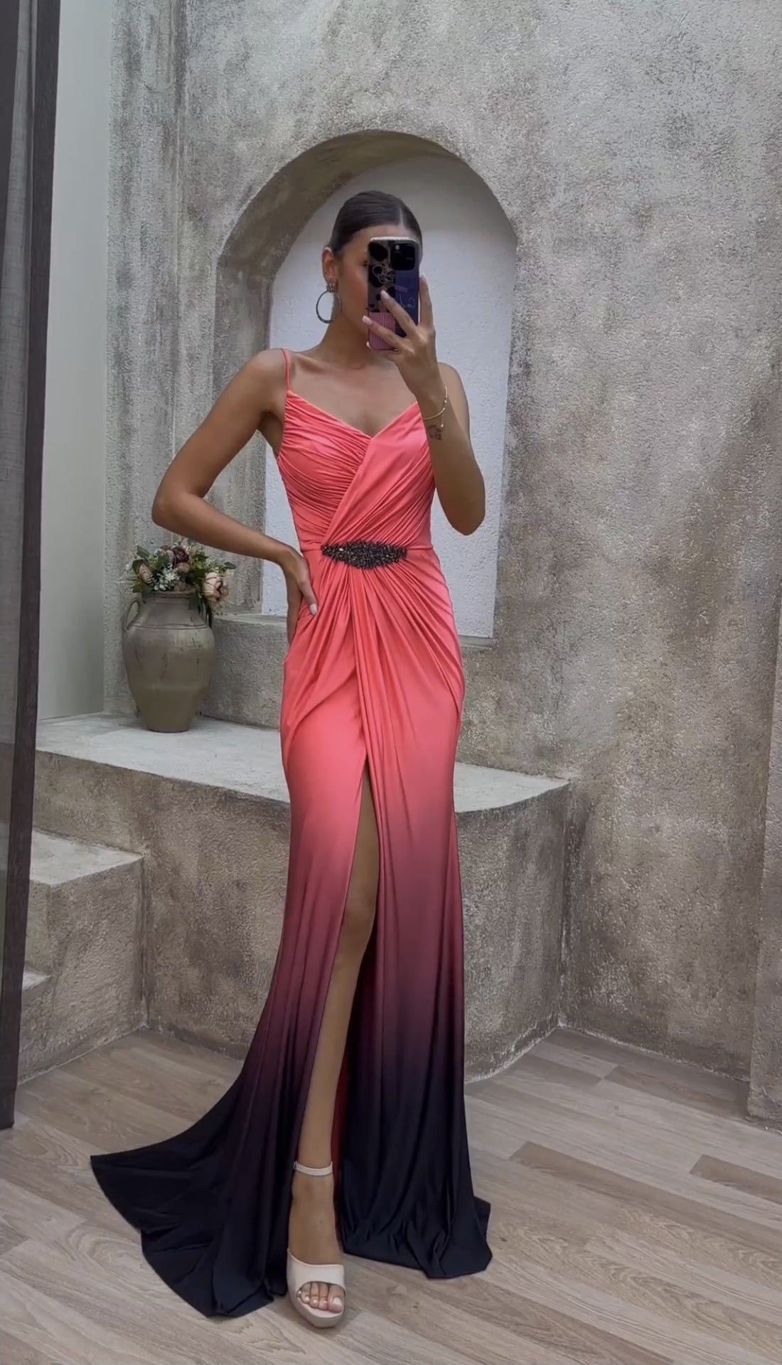 Damklänning A-Line Djup V-hals Polyester Lång Kjol-2