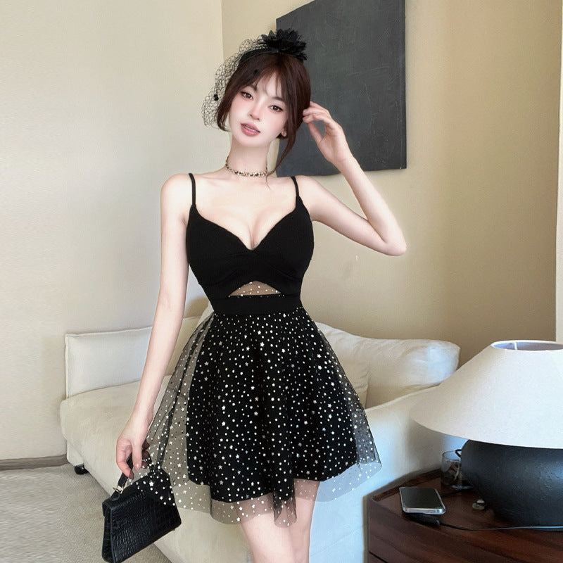 Damklänning Spaghetti Band V-ringad Kort Nätblandning-2