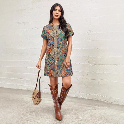 A-linjeformad Klänning för Kvinna med Kort Ärmar i Polyester – Blommönster och Färgglada Ränder 5