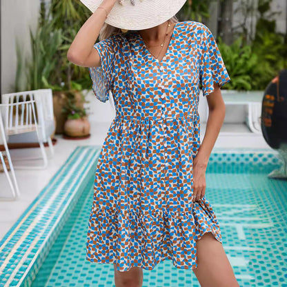 A-linjeformad Midi Klänning för Kvinnor med V-ringning och Kort Ärmar i Polyester - Elegant och Bekväm Stil 3