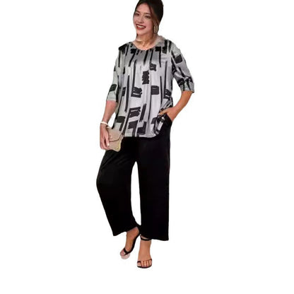 Tvådelat Set Dam Geometriskt Mönster Polyester Trekvartsärmar Vintage Stil 4