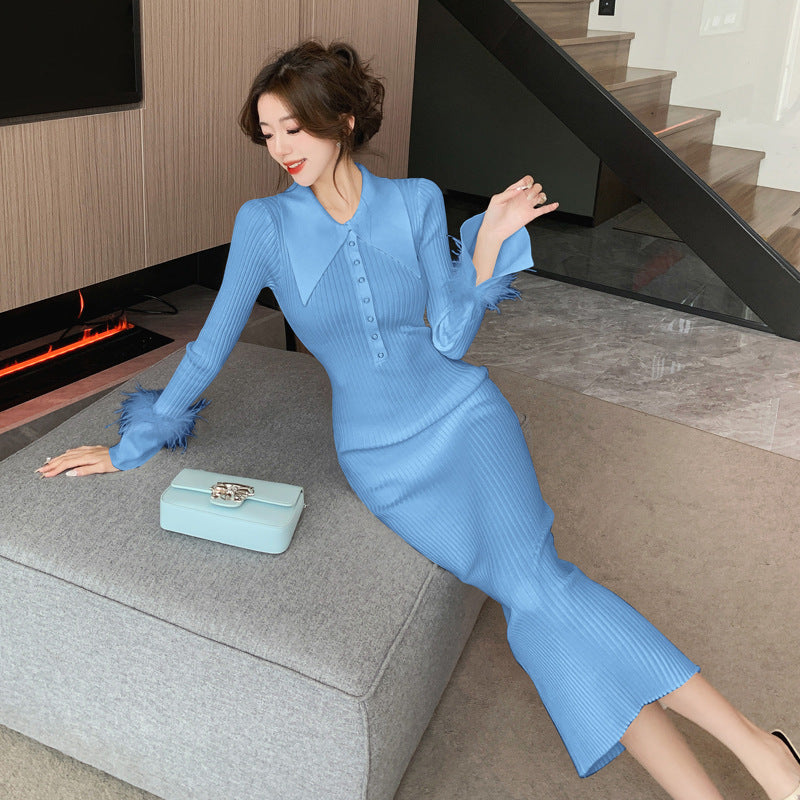 Dam Klänning Snäv V-Hals Stickad Akryl-5