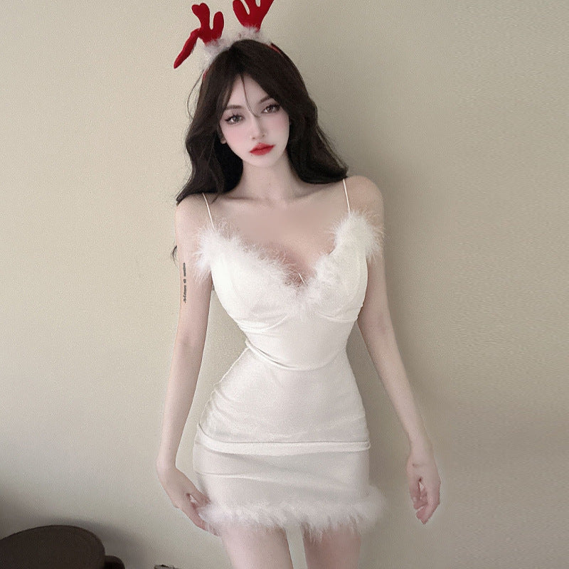 Damklänning Slim Fit V-hals Furry Patchwork Polyester Kort-3