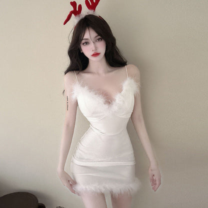 Damklänning Slim Fit V-hals Furry Patchwork Polyester Kort-3