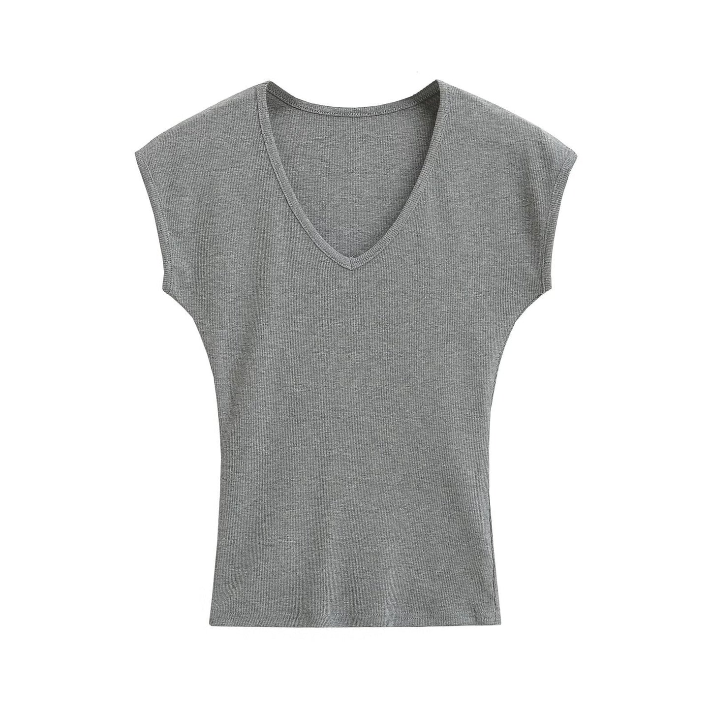 Kvinnors V-ringad Topp Ribbad Andningsbar Material-4