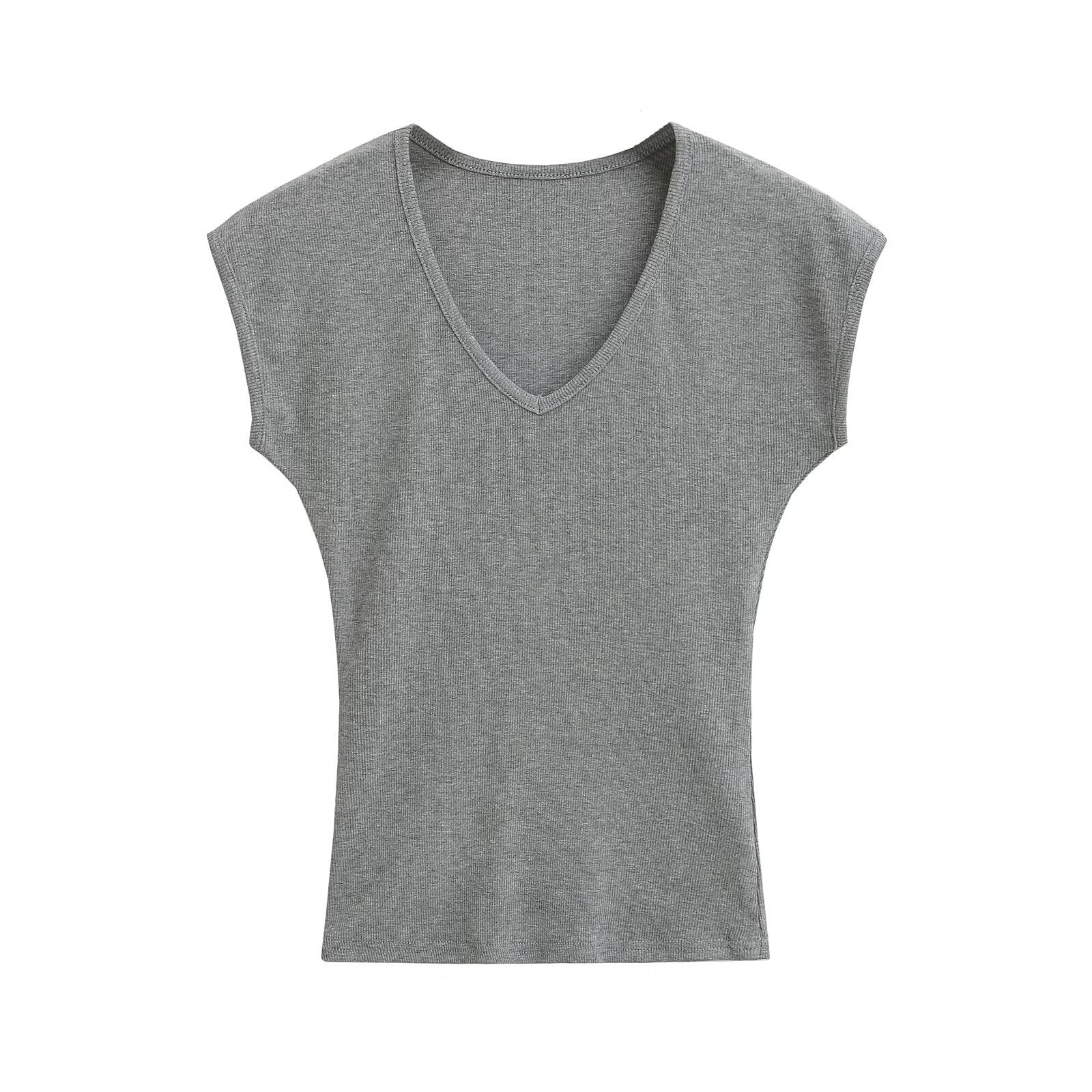 Kvinnors V-ringad Topp Ribbad Andningsbar Material-4