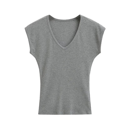 Kvinnors V-ringad Topp Ribbad Andningsbar Material-4