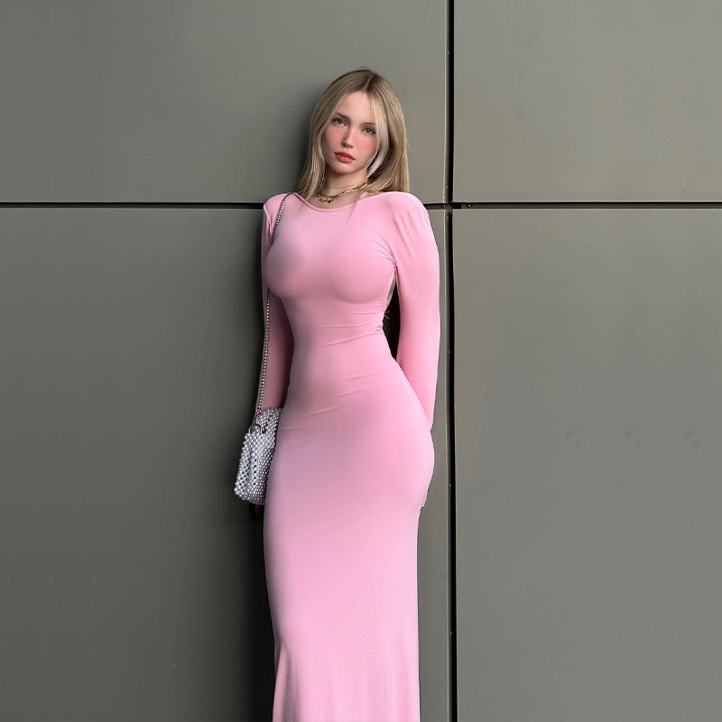 Långärmad Figurformad Klänning för Dam i Stretchigt Material – Elegant för Fest och Speciella Tillfällen 3