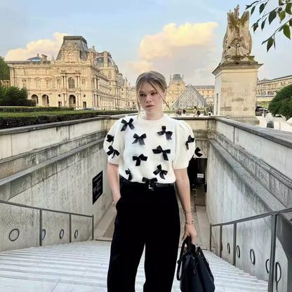 Dam Stickad Tröja med Dekorativa Satin Detaljer Mjukt Material Avslappnad Passform 2