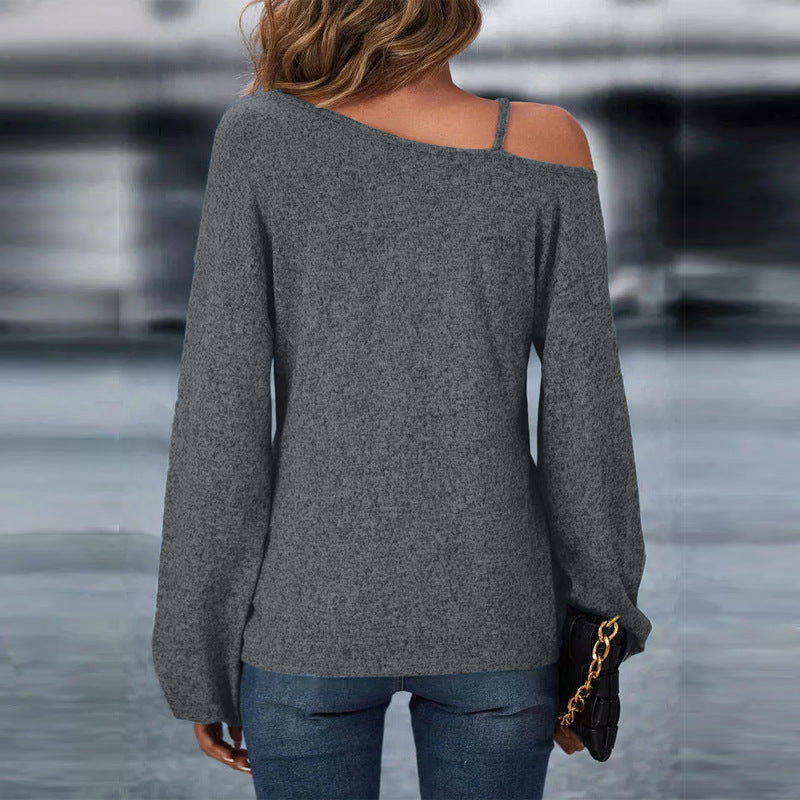 Dam Långärmad T-Shirt Asymmetrisk Design Polyester med Metallspänne 4