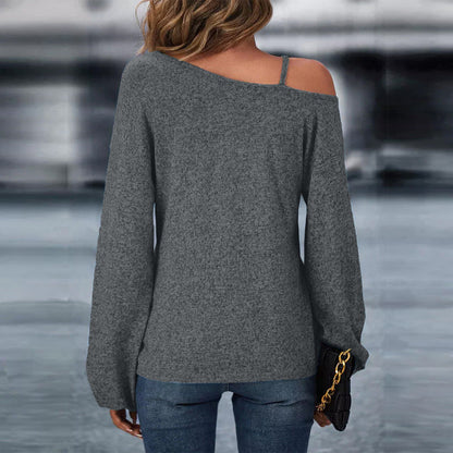 Dam Långärmad T-Shirt Asymmetrisk Design Polyester med Metallspänne 4