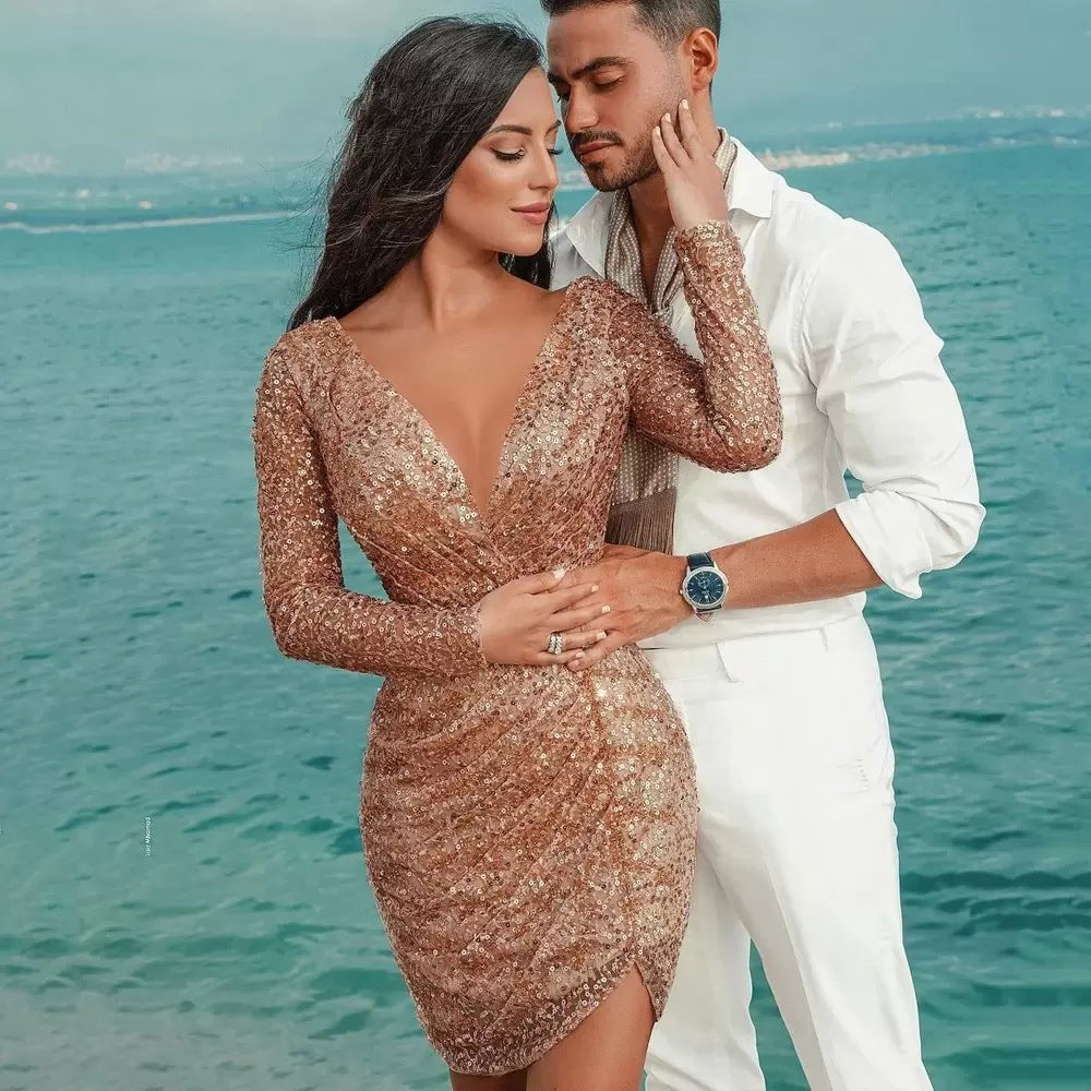 Dam Klänning Midi V-hals Patchwork Design Lång Ärmar-5