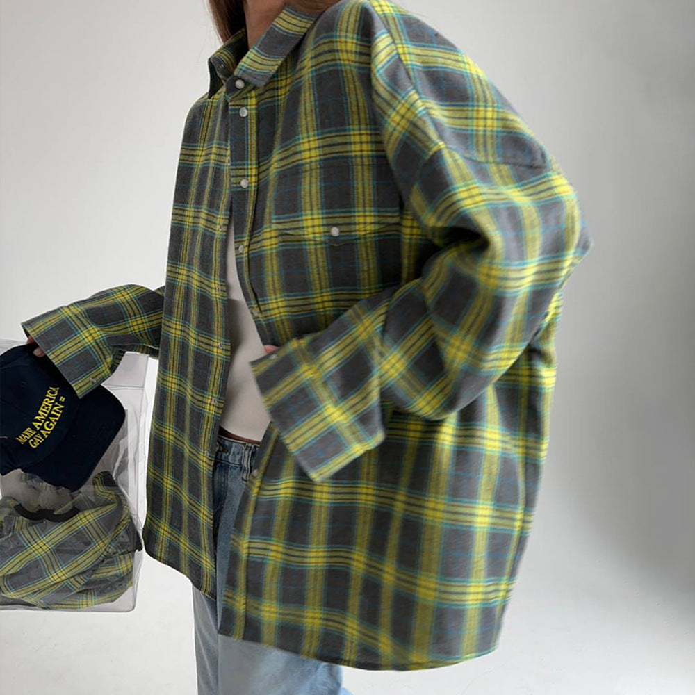 Damklänning Retro Rutig Skjorta i 100% Bomull med Långärmar-3