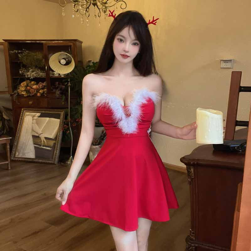 Dam Festklänning Stropplös Kort Päls för Nyår och Julfester-1