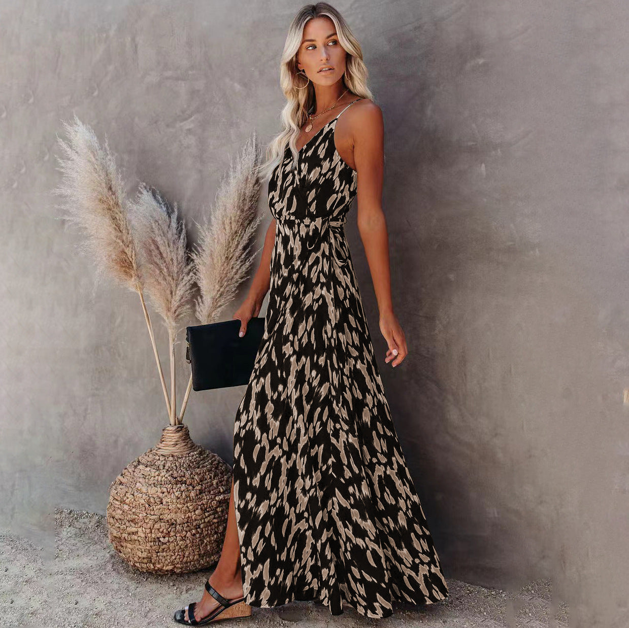 Kvinnors Midi Klänning Blommönster Polyester Dolda Remmar-3