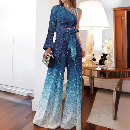 Dam Off-Shoulder Set Loose Fit Polyester med Breda Benbyxor-2