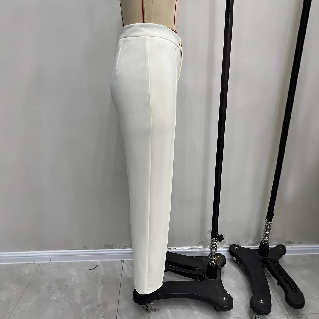 Kvinnor Palazzo Byxor Hög Midja med Knappdetaljer och Sidospår i Andningsbart Material-4