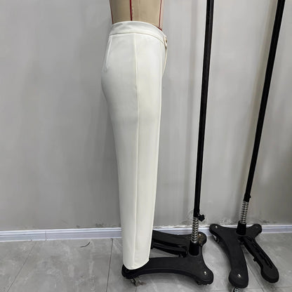 Kvinnor Palazzo Byxor Hög Midja med Knappdetaljer och Sidospår i Andningsbart Material-4