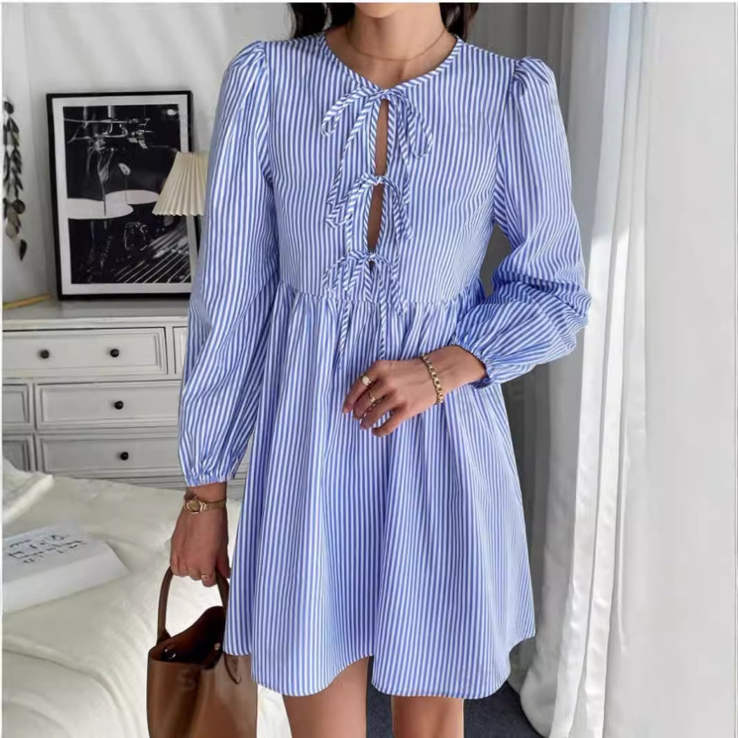 Kvinnors Midi Klänning Puffärmar Randig Bomullsblandning-3