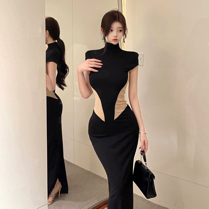 Kvinnors Golvklänning Hög Hals Mesh Patchwork Splicering-3