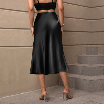 Dam Midi Kjol A-Line Satin med Spandex-2