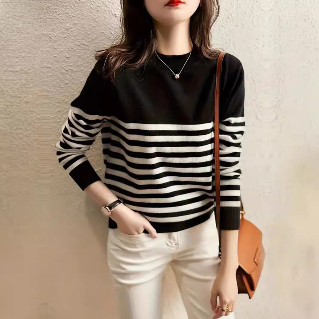 Dam Tröja Randig Löst Passform Polyester med Långa Ärmar-2