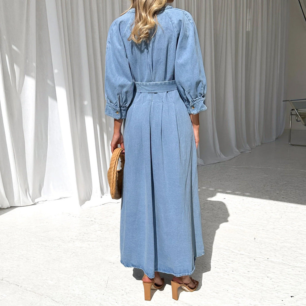 Kvinna A-Line Klänning V-Neck Puffärmar Denim-4