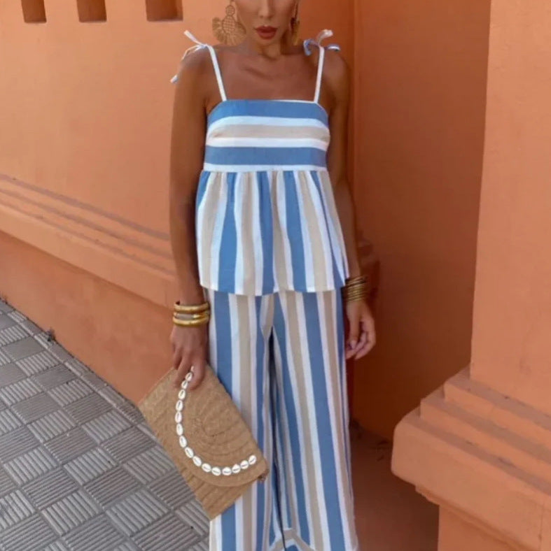 Kvinnors Sommardräkt med Luftig Blus och Breda Byxor – Justerbara Spaghetti-bärare, Långt, Lätt Tyg, Avslappnad Passform 2