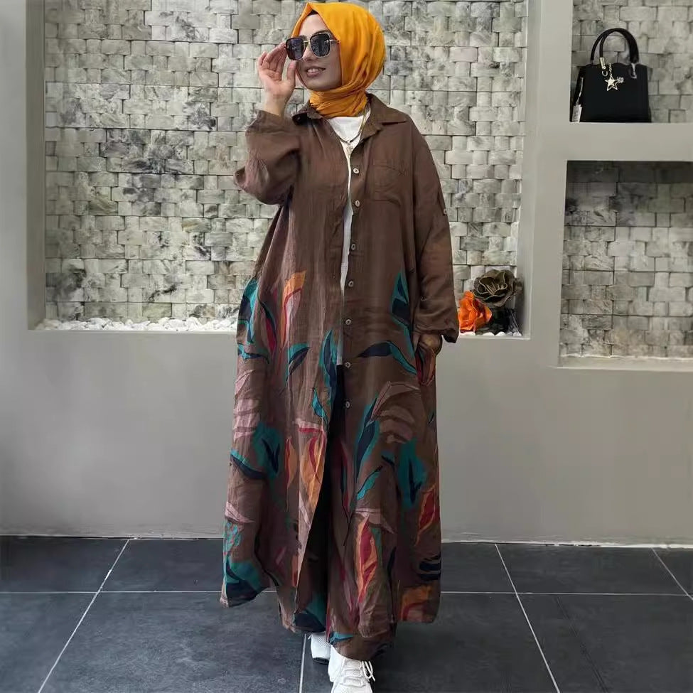 Dam Set Lång Cardigan Vida Byxor Bomull Linne-3