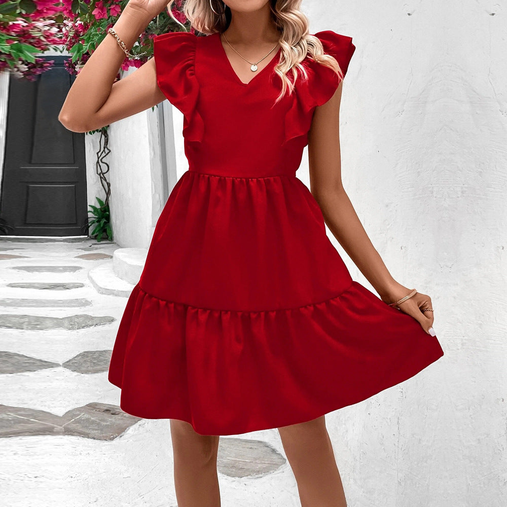 Kvinna Klänning Ärmlös V-ringad Patchwork Polyester Kort-4