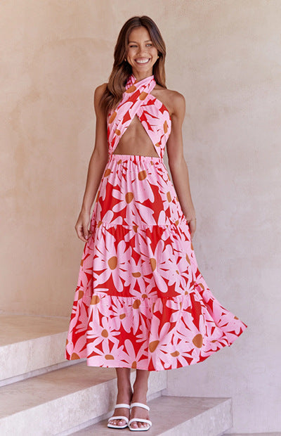 Kvinnors Långklänning Halterneck Mönstrad Polyester Elegant Fest Bröllop 5