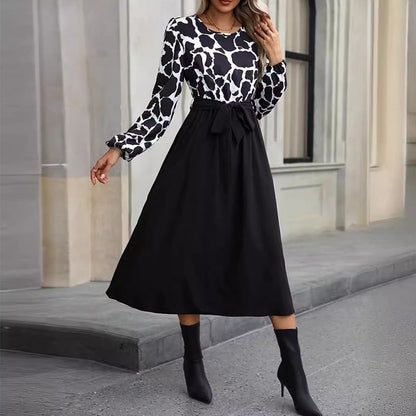 Dam A-linjeklänning Leopardmönster Midi Långärmad Vävt Tyg-2