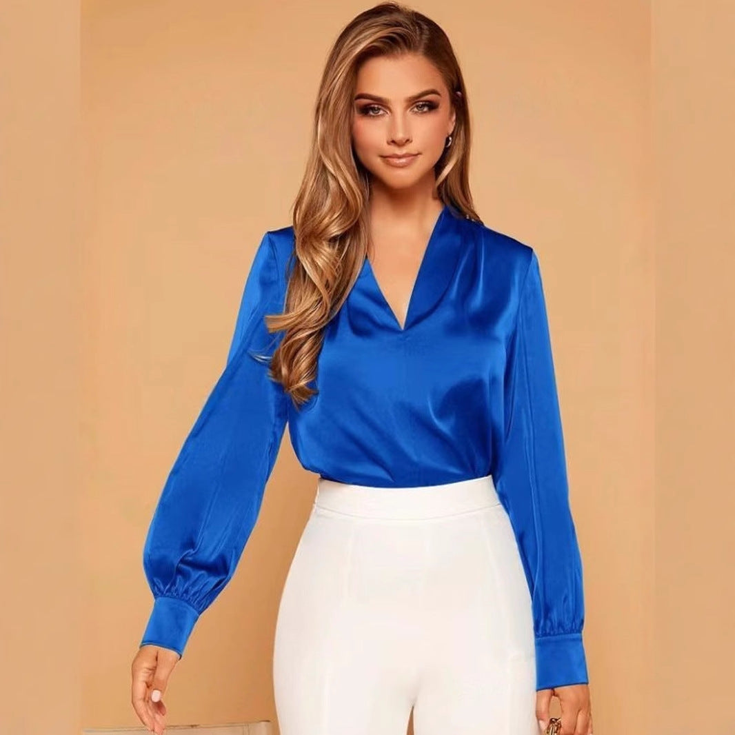 Dam Långärmad V-ringad Blus Satin Rynkad-4