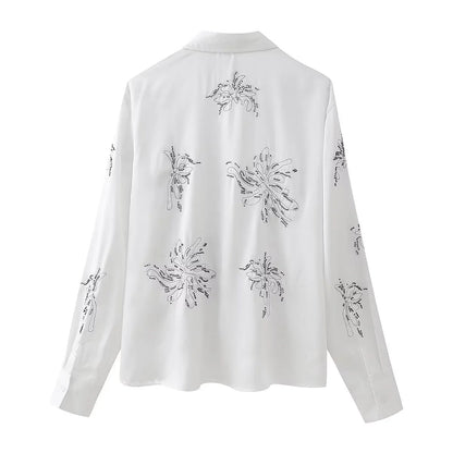 Dam Skjorta Långärmad Blommig med Paljetter Polyester-3