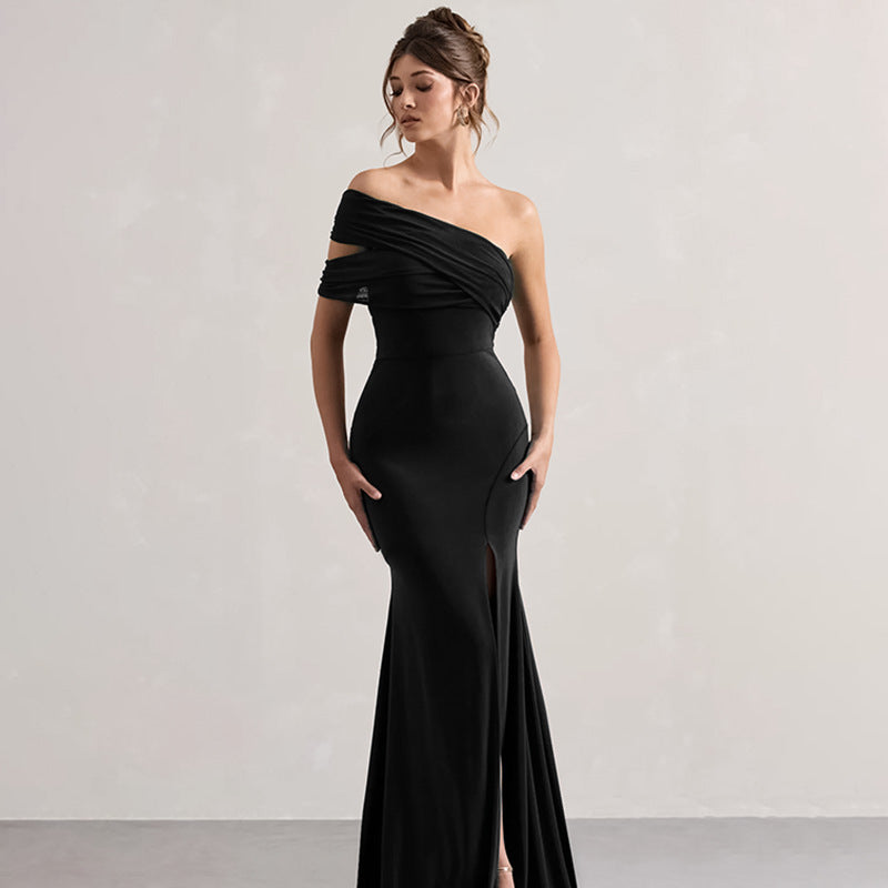 Kvinnors Axelfri Klänning Med Förförisk Slits Mjuk Elastisk Tyg-4