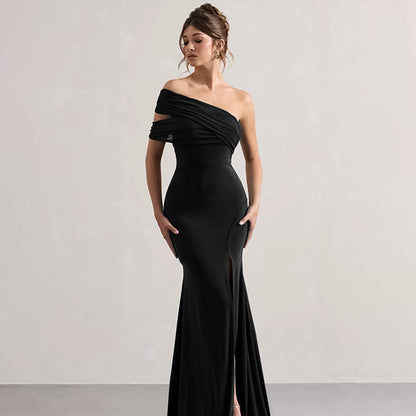 Kvinnors Axelfri Klänning Med Förförisk Slits Mjuk Elastisk Tyg-4