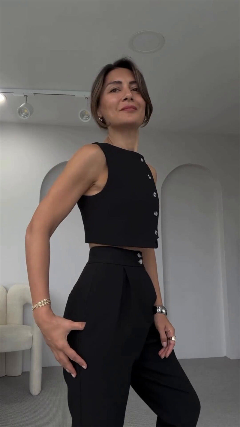 Högmidjade Nio-punktsbyxor med Ärmlös Topp för Dam – Spandexmaterial, Perfekt för Vardag och Fest 4