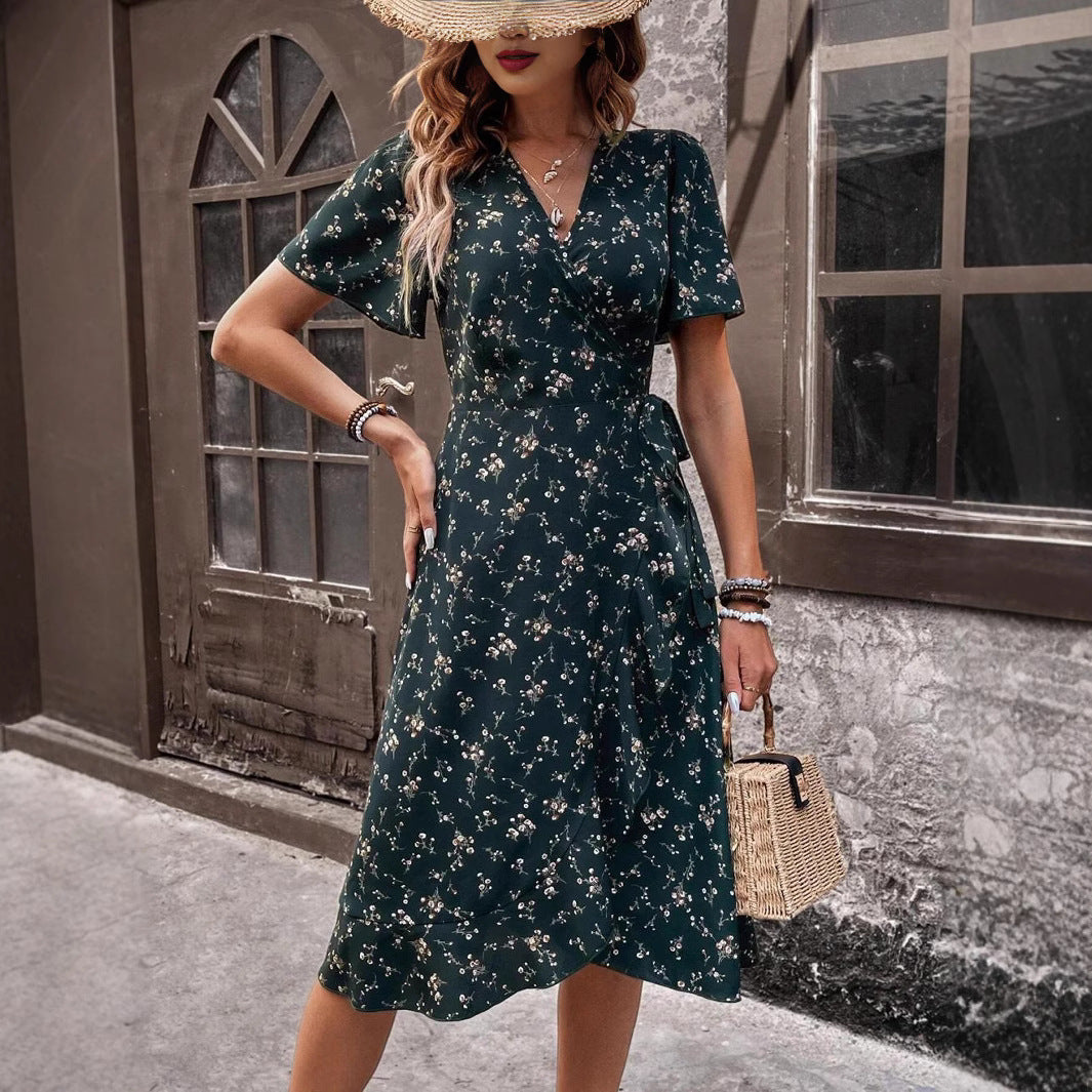 Maxiklänning Dam V-ringning Blommig Polyester Ruffled-3