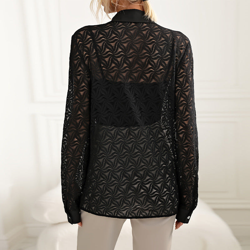 Dam Cardigan Blus Löst Passform Spets-4