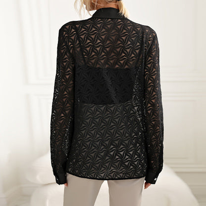Dam Cardigan Blus Löst Passform Spets-4
