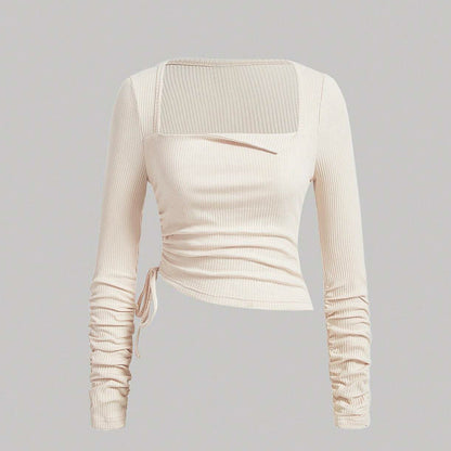 Elegant Festtopp Dam med Fyrkantig Utskärning och Långa Ärmar i Bomullsblandning – Perfekt för Fest och Avslappnat Stil 6