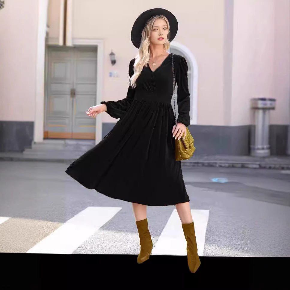 Kvinna Lång Klänning Veckad Polyester Pullover-5