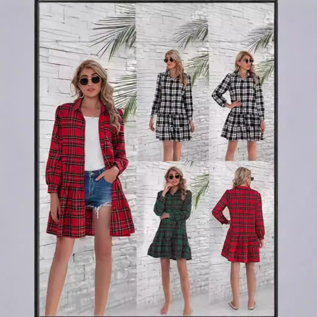 Dam Midi Klänning Skjortstil Patchwork Bomull Polyester med Puffärmar-3